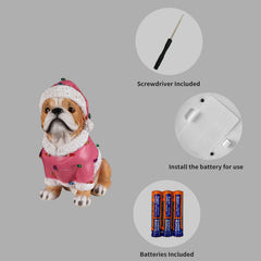 Panel showing what is included with the Pug statue: the batteries, the small screwdriver and the cover plate on the underside of the base