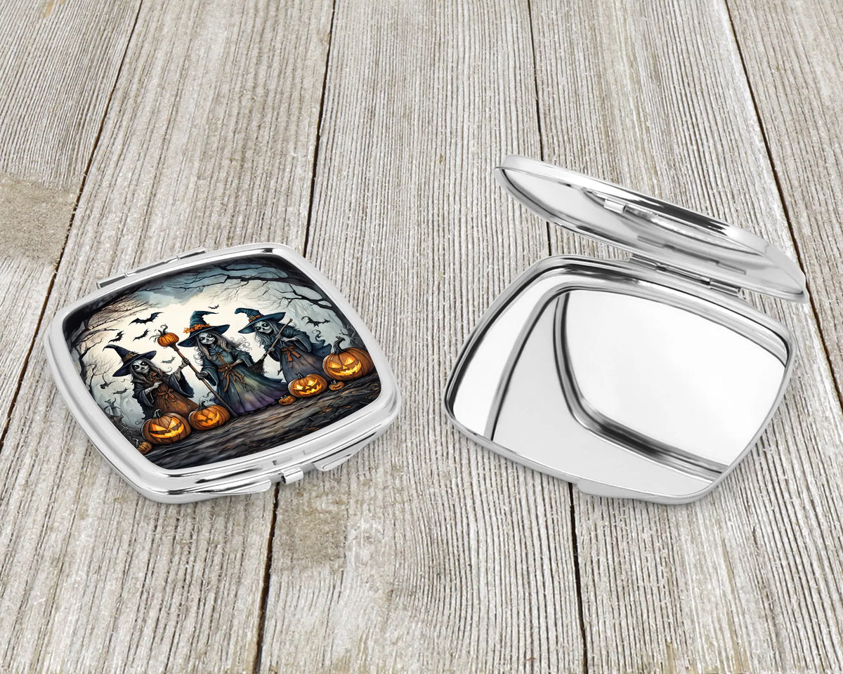witches artwork compact mirror in silvertone metal, two mirrors inside - product photo 3 of 5