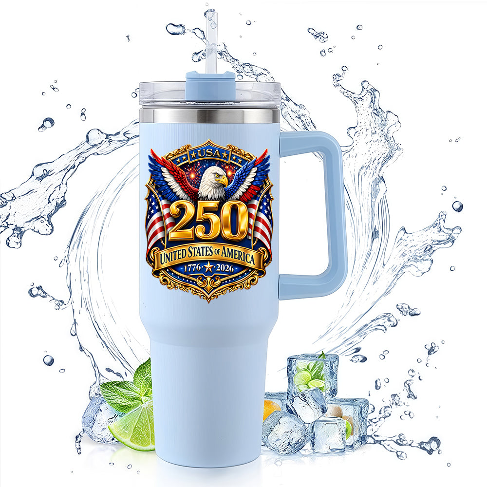 40oz Insulated Tumbler | USA 250th Anniversary Bald Eagle Golden Badge 1776-2026 Patriotic Large Capacity Travel Water Cup