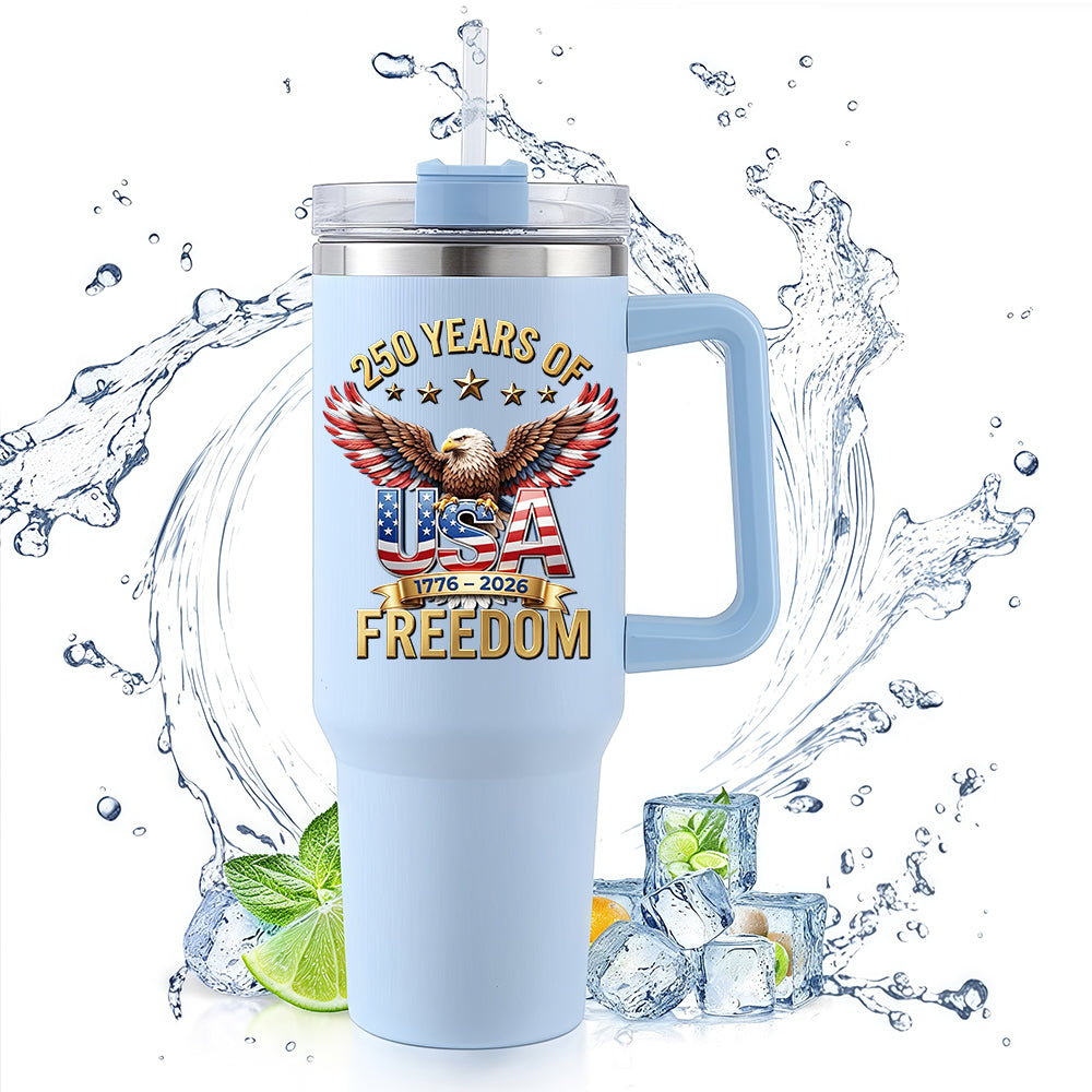 40oz Handle Travel Mug | 250 Years Of Freedom Eagle USA Flag Wings 1776-2026 Independence Day Reusable Stainless Steel Tumbler