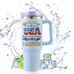 40oz Tumbler With Handle | Happy 250th USA Birthday 1776-2026 Stars Stripes Eagle Freedom Patriotic Gift Cup