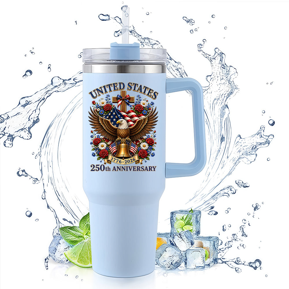 40oz Stainless Steel Tumbler | United States 250th Anniversary Eagle Cross Liberty Bell Floral Vintage Patriotic Christian Travel Mug