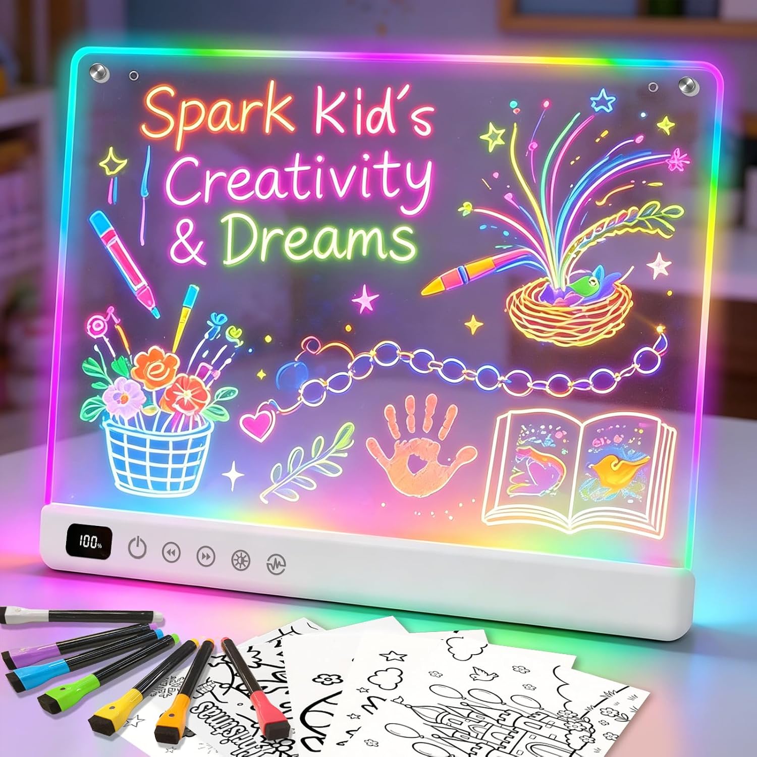 White rechargeable LED drawing board with colorful artwork and markers