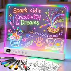 White rechargeable LED drawing board with colorful artwork and markers