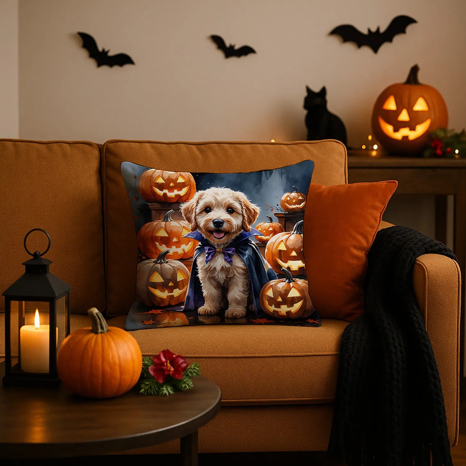 labradoodle puppy halloween throw pillow with insert - product photo 2 of 8