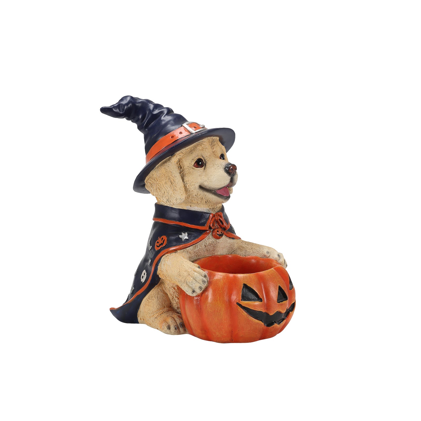 Labrador witch puppy statue on a plain background, side view, showing the pumpkin bowl in front