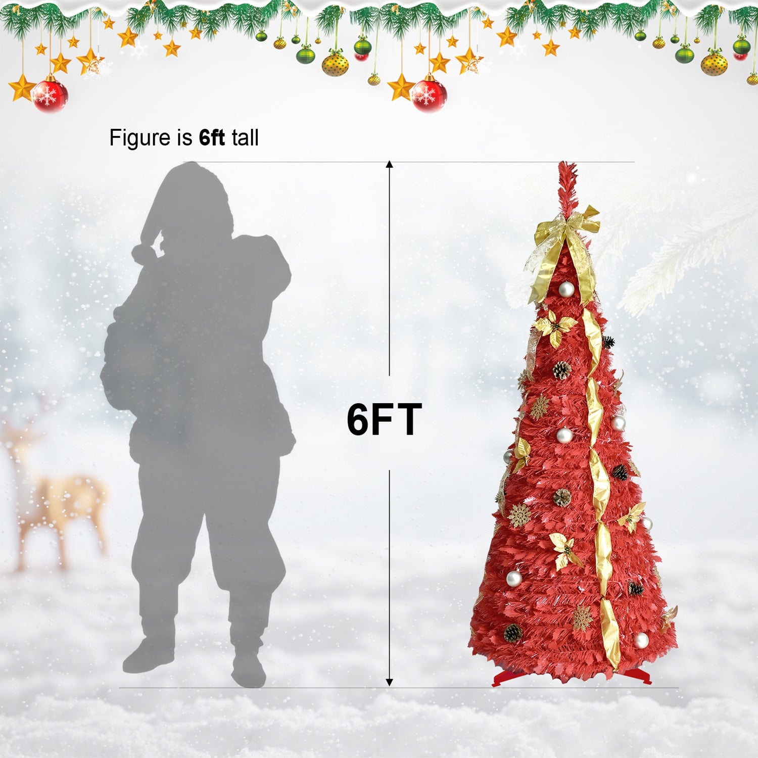 6FT Red PreLit Pop-Up Christmas Tree With 150 Warm White LED Ribbons Bow Flowers Snowflakes Pine Cones Red Ornaments Collapsible Artificial Christmas Tree IP44 Waterproof Indoor Holiday Decor OLFC0109