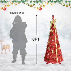 6FT Red PreLit Pop-Up Christmas Tree With 150 Warm White LED Ribbons Bow Flowers Snowflakes Pine Cones Red Ornaments Collapsible Artificial Christmas Tree IP44 Waterproof Indoor Holiday Decor OLFC0109