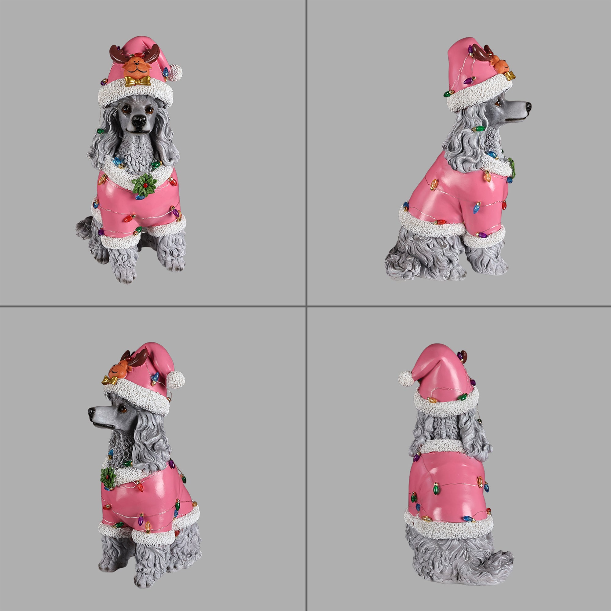 Four views of the Poodle Christmas statue on a gray background, showing the front, side and back of the pink Santa coat