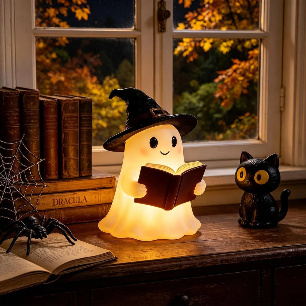 resin ghost in a witch hat holding an open book, usb powered night light - product photo 4 of 8