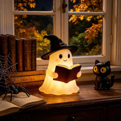 resin ghost in a witch hat holding an open book, usb powered night light - product photo 4 of 8