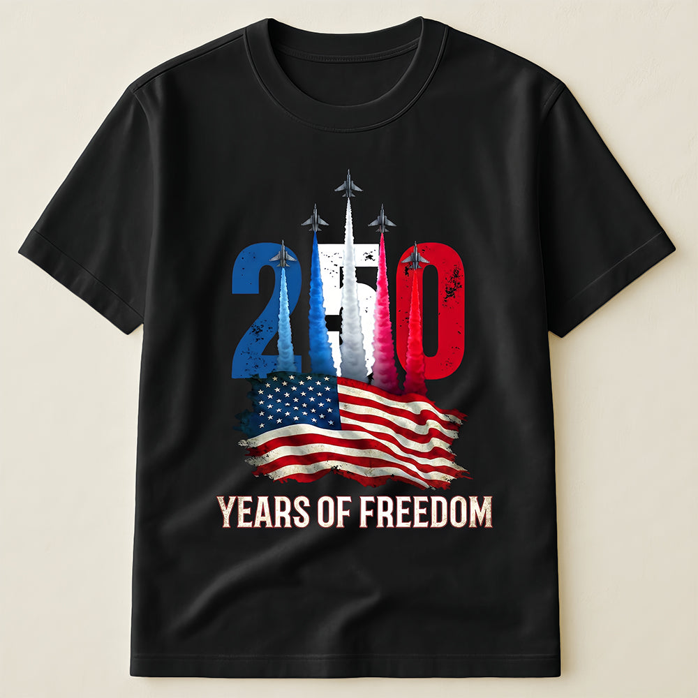 USA 250th Anniversary Patriotic T-Shirt with American Flag and Fighter Jet Formation