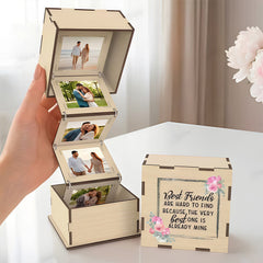 Personalized wooden photo box with waterfall-style flip cover panel - perfect for wedding, anniversary, or couple's photo storage gifts. The interior can hold souvenirs.