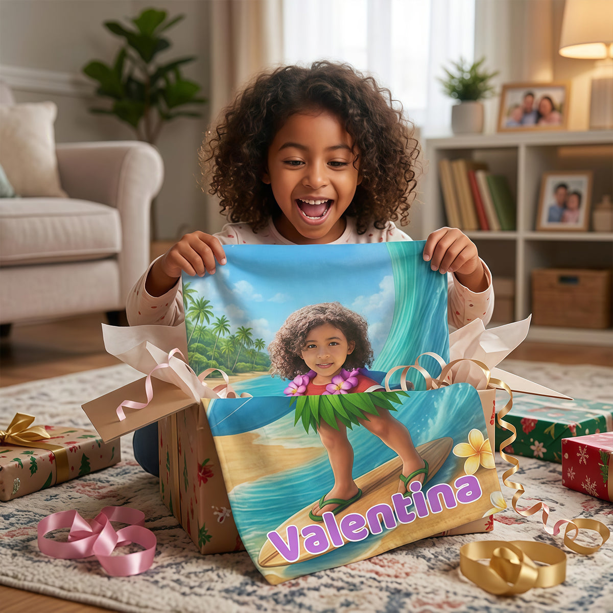 Personalized Girls Beach Towel with Face & Name, Surf Tropical Kid Gift, Kids Pool Towel.