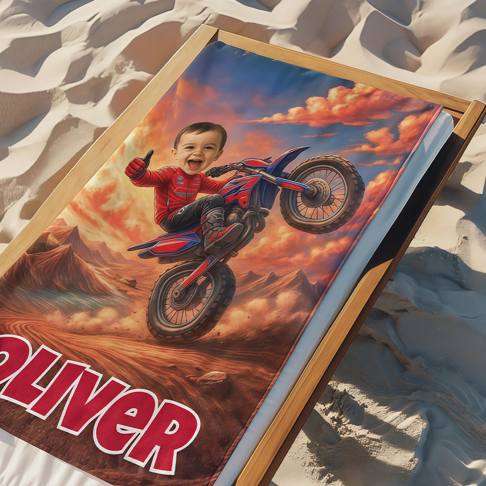 Personalized Motocross Beach Towel with Child Face & Name, Dirt Bike Kid Gift, Custom Motocross.