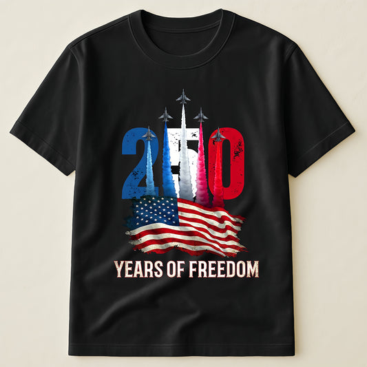 USA 250th Anniversary Patriotic T-Shirt with American Flag and Fighter Jet Formation