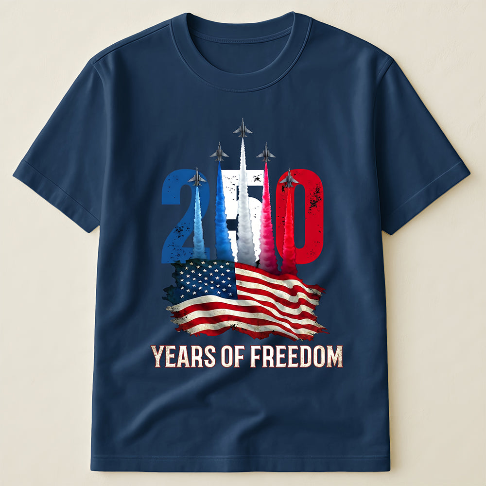 USA 250th Anniversary Patriotic T-Shirt with American Flag and Fighter Jet Formation