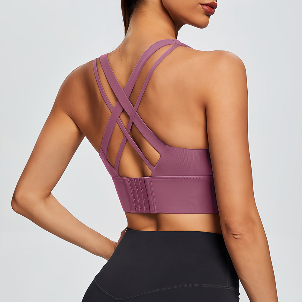 Crisscross Back High Support Sports Bra - Adjustable Hook-and-Eye Back Workout Crop Top