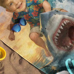 Personalized Shark Beach Towel with Child Face & Name, Funny Summer Kid Gift, Vacation Gift.