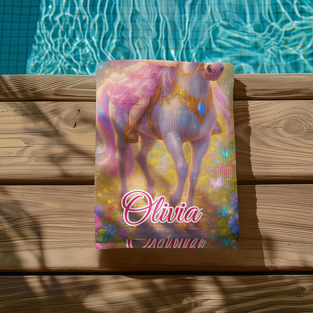 Personalized Unicorn Princess Beach Towel with Child Face & Name, Fantasy Girl Pool Towel Gift.