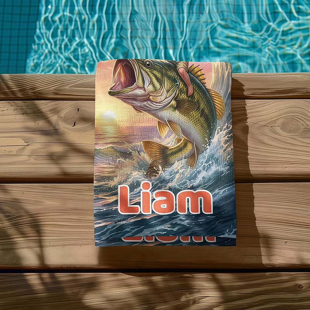 Personalized Fishing Beach Towel with Boys Face & Name, Bass Fish Kid Gift, Kids Towel.