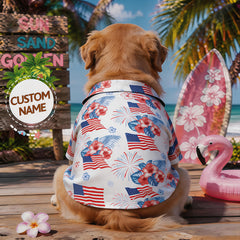 Custom Name 4th of July Dog Hawaiian Shirt, American Flag Firework Hibiscus Tropical Print Personalized Pet Summer Clothes