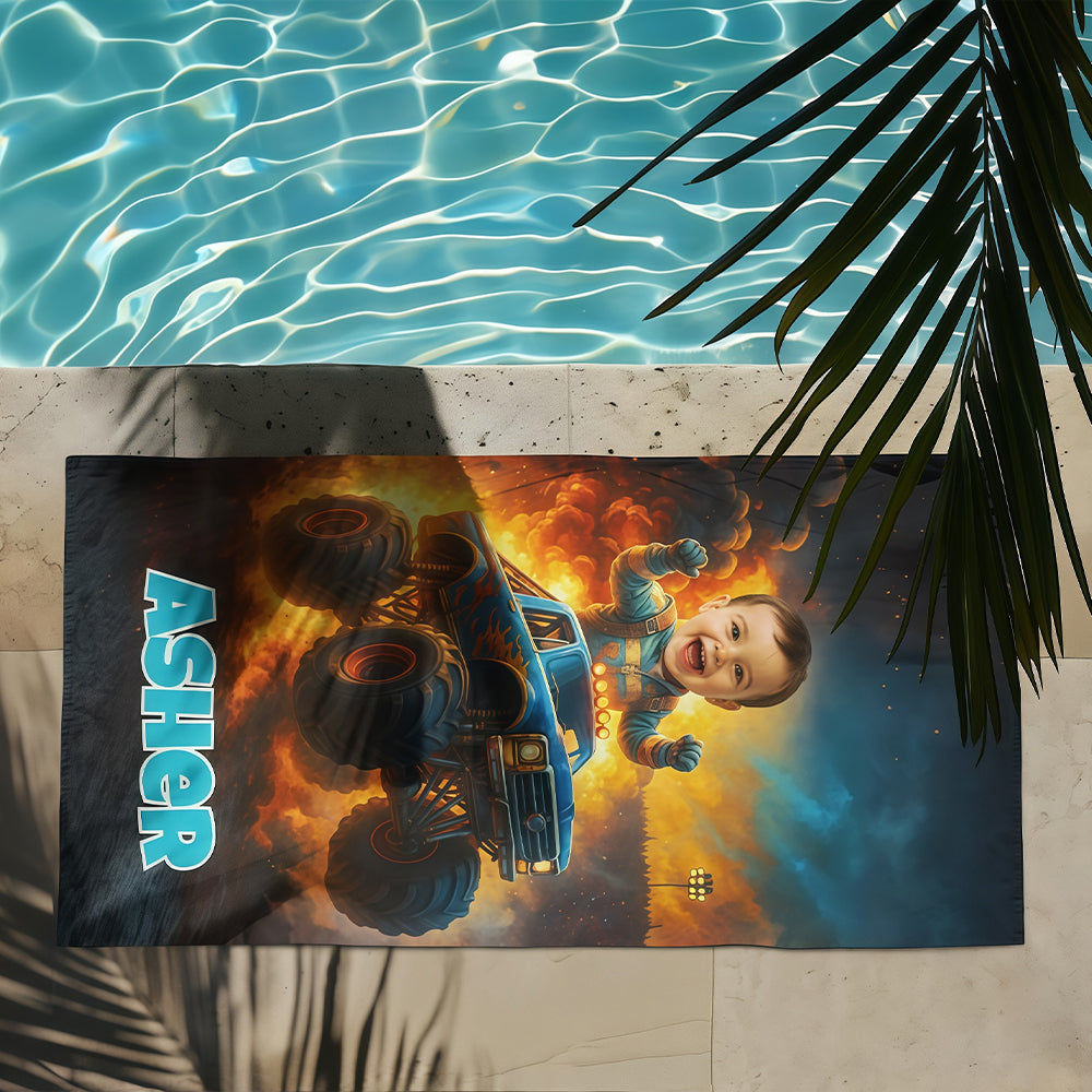 Custom Monster Truck Beach Towel with Photo, Birthday Gift for Kids, Boys, Grandson & Son.