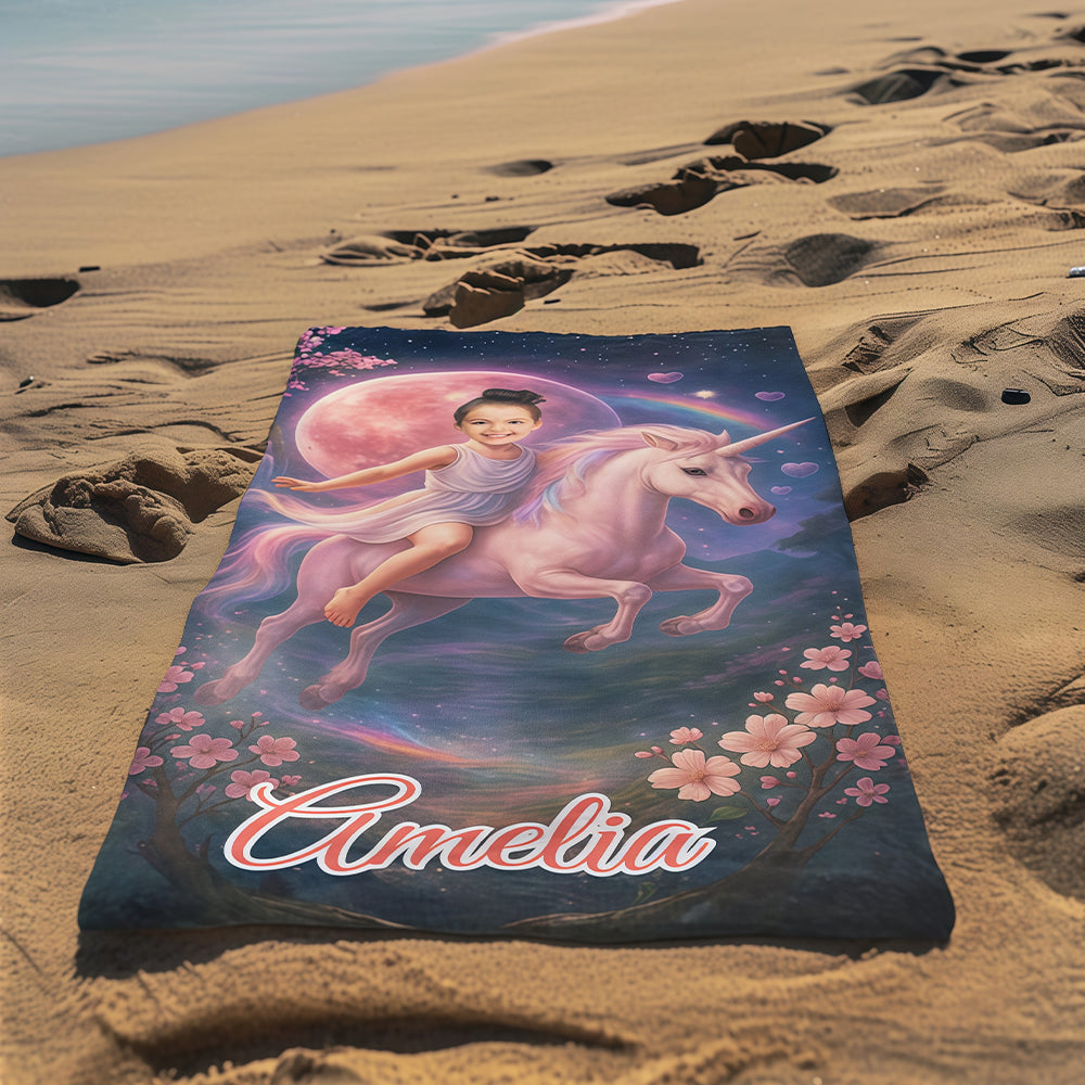 Personalized Unicorn Beach Towel with Girl's Face & Name, Magical Girl Gift, Custom Kids Towel.