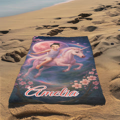 Personalized Unicorn Beach Towel with Girl's Face & Name, Magical Girl Gift, Custom Kids Towel.