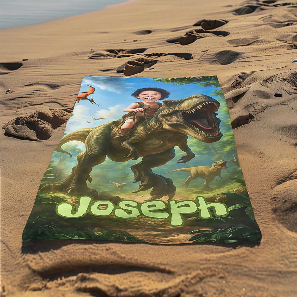 Personalized Dinosaur Beach Towel, Custom Dino Kid Pool Towel, Child Face Name, Boys Gift.