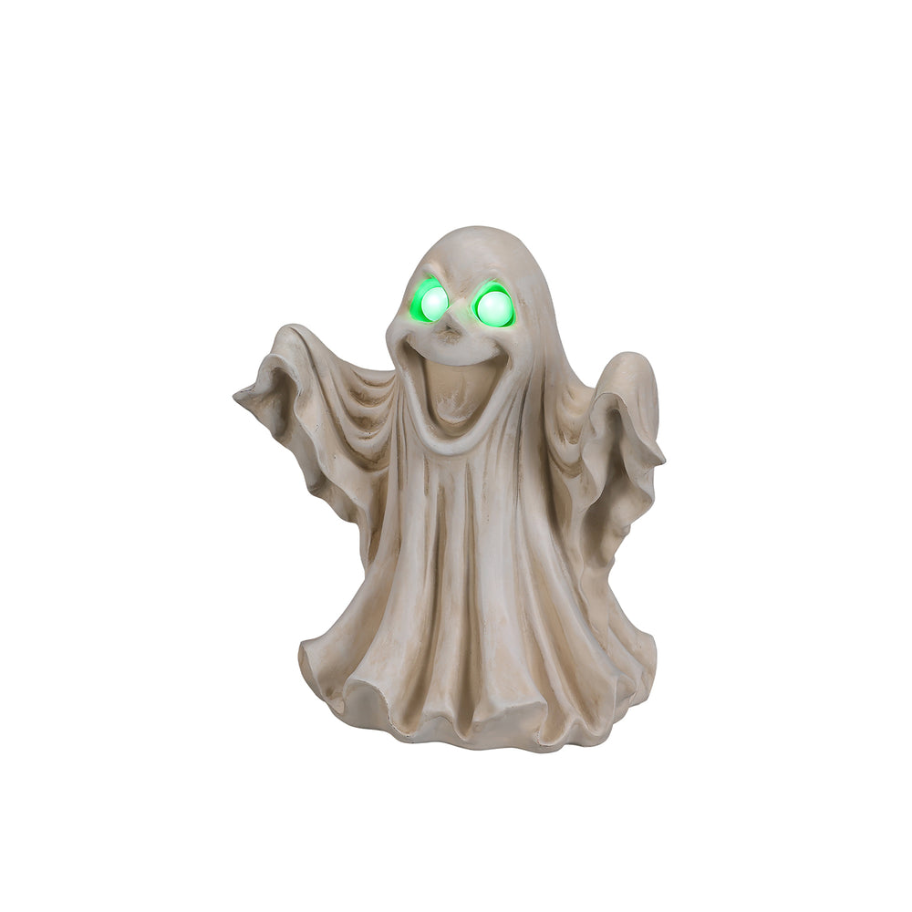 Ghost Halloween statue with glowing eyes on a plain background, front view, showing the draped robe texture