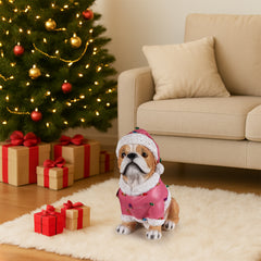 The Pug in the pink Santa coat set on the floor beside a lit Christmas tree with gifts under it