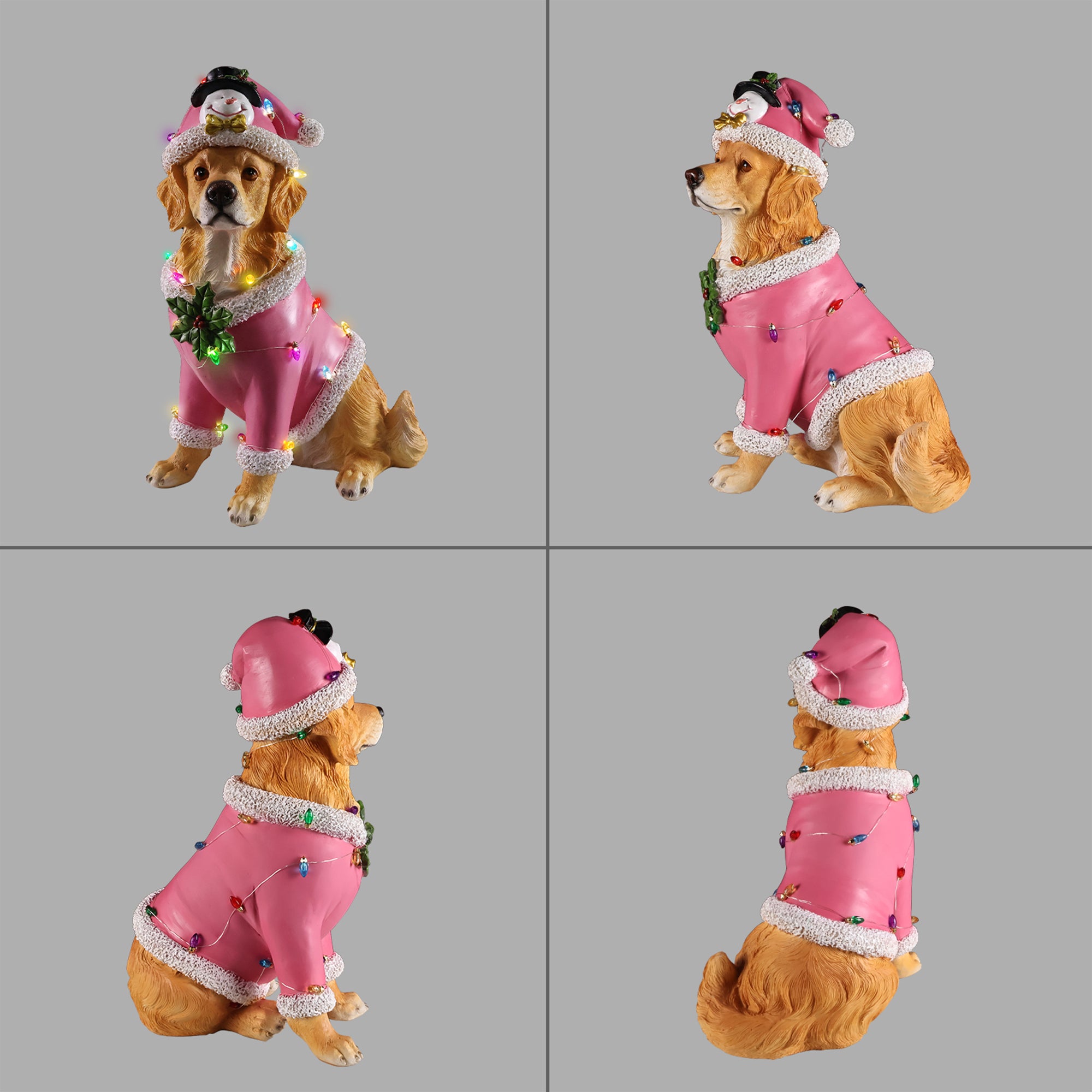 Four views of the Golden retriever Christmas statue on a gray background, showing the front, side and back of the pink Santa coat