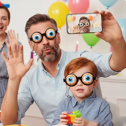 Close-up of the rotating eye mechanism on funny prop glasses