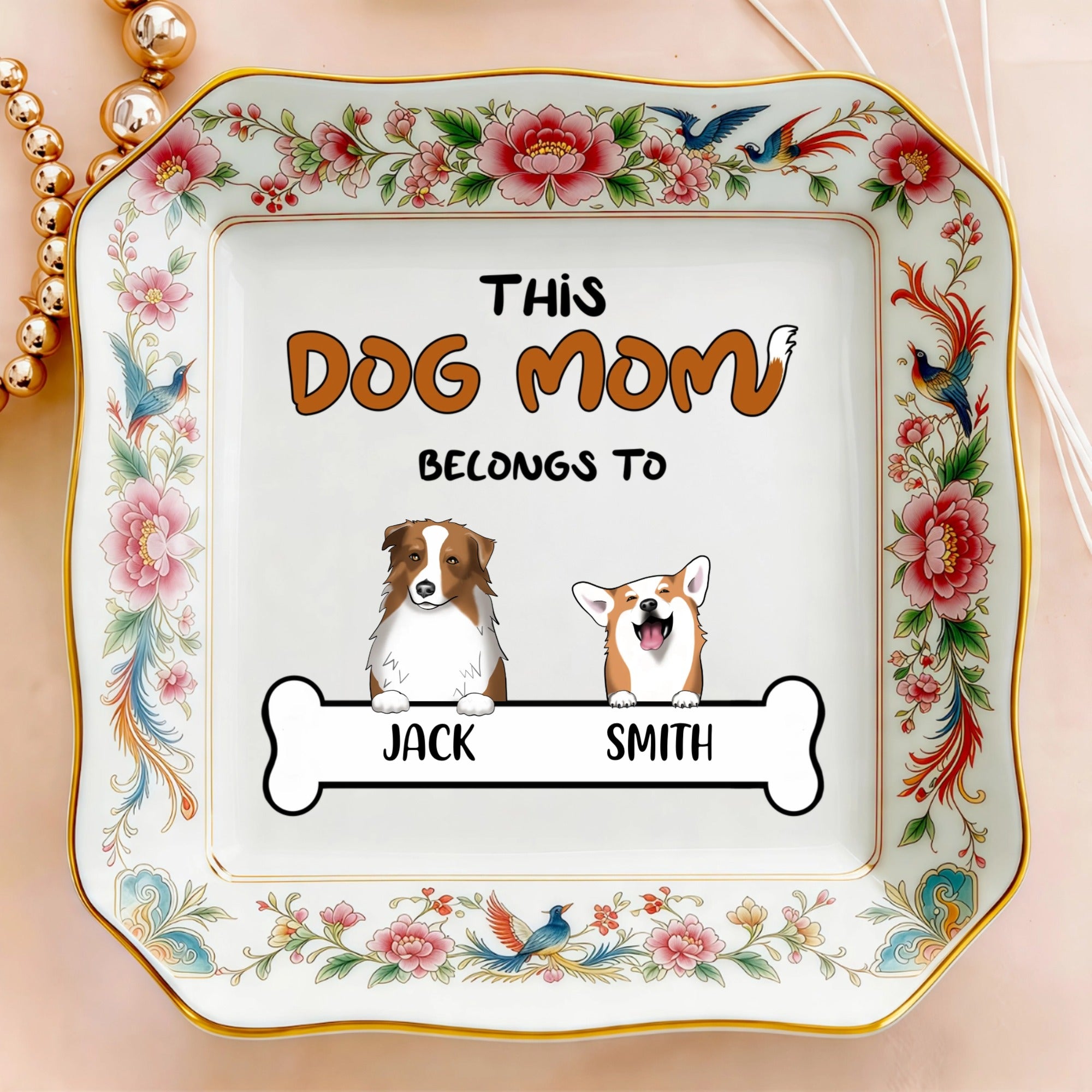 Custom Photo Ceramic Trinket Tray with Elegant Floral and Phoenix Bird Border-My Cute Little Dog