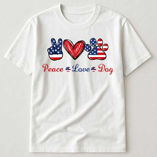 Peace Love Dog American Flag Peace Sign Paw Print Patriotic 4th Of July T-Shirt