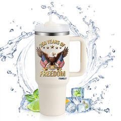 40oz Large Handle Tumbler | 250 Years Of Freedom Bald Eagle Dual American Flag Custom Family Name 1776-2026 Patriotic Stainless Steel Mug