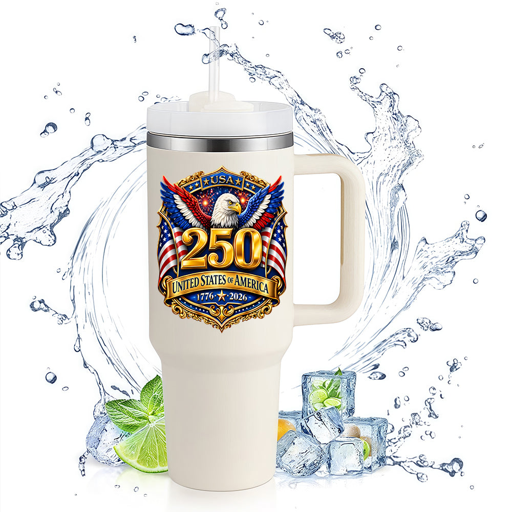 40oz Insulated Tumbler | USA 250th Anniversary Bald Eagle Golden Badge 1776-2026 Patriotic Large Capacity Travel Water Cup