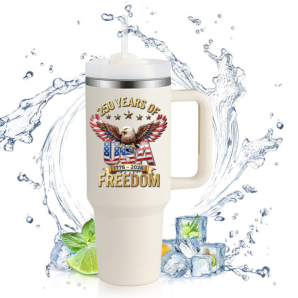 40oz Handle Travel Mug | 250 Years Of Freedom Eagle USA Flag Wings 1776-2026 Independence Day Reusable Stainless Steel Tumbler