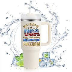 40oz Tumbler With Handle | Happy 250th USA Birthday 1776-2026 Stars Stripes Eagle Freedom Patriotic Gift Cup