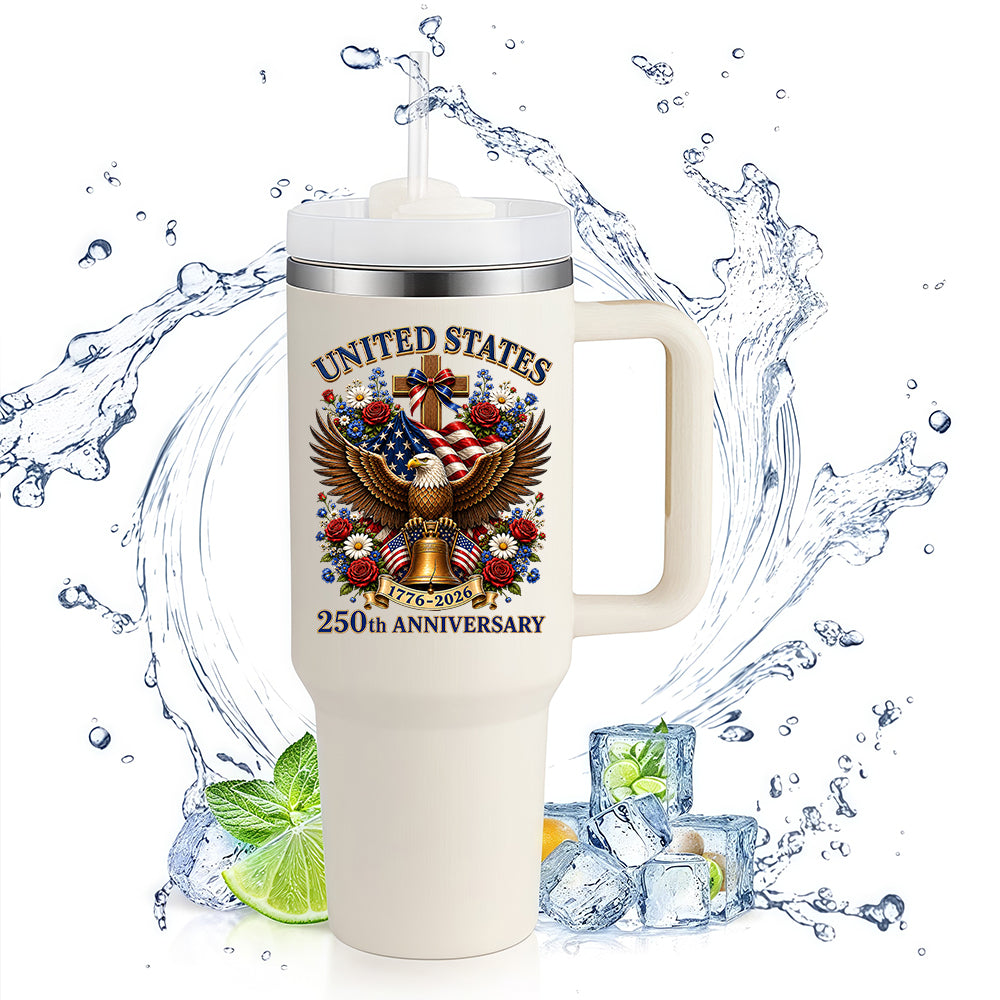 40oz Stainless Steel Tumbler | United States 250th Anniversary Eagle Cross Liberty Bell Floral Vintage Patriotic Christian Travel Mug