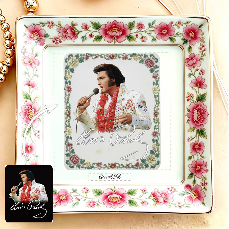 Custom Eternal Idol Jewelry Dish - Personalized Celebrity Photo Ceramic Tray with Pink Floral Blossom Border
