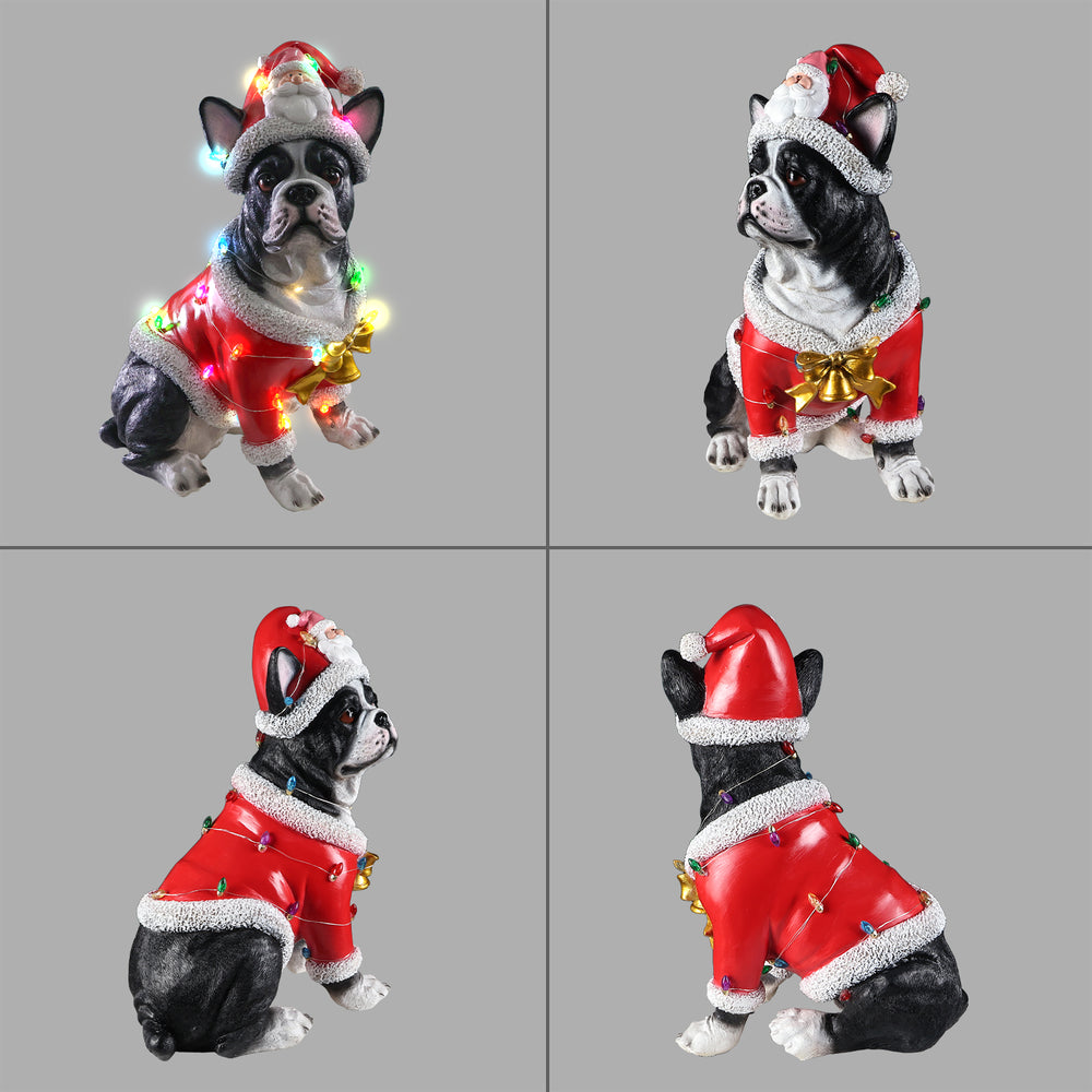 Four views of the French bulldog Christmas statue on a gray background, showing the front, side and back of the red Santa coat