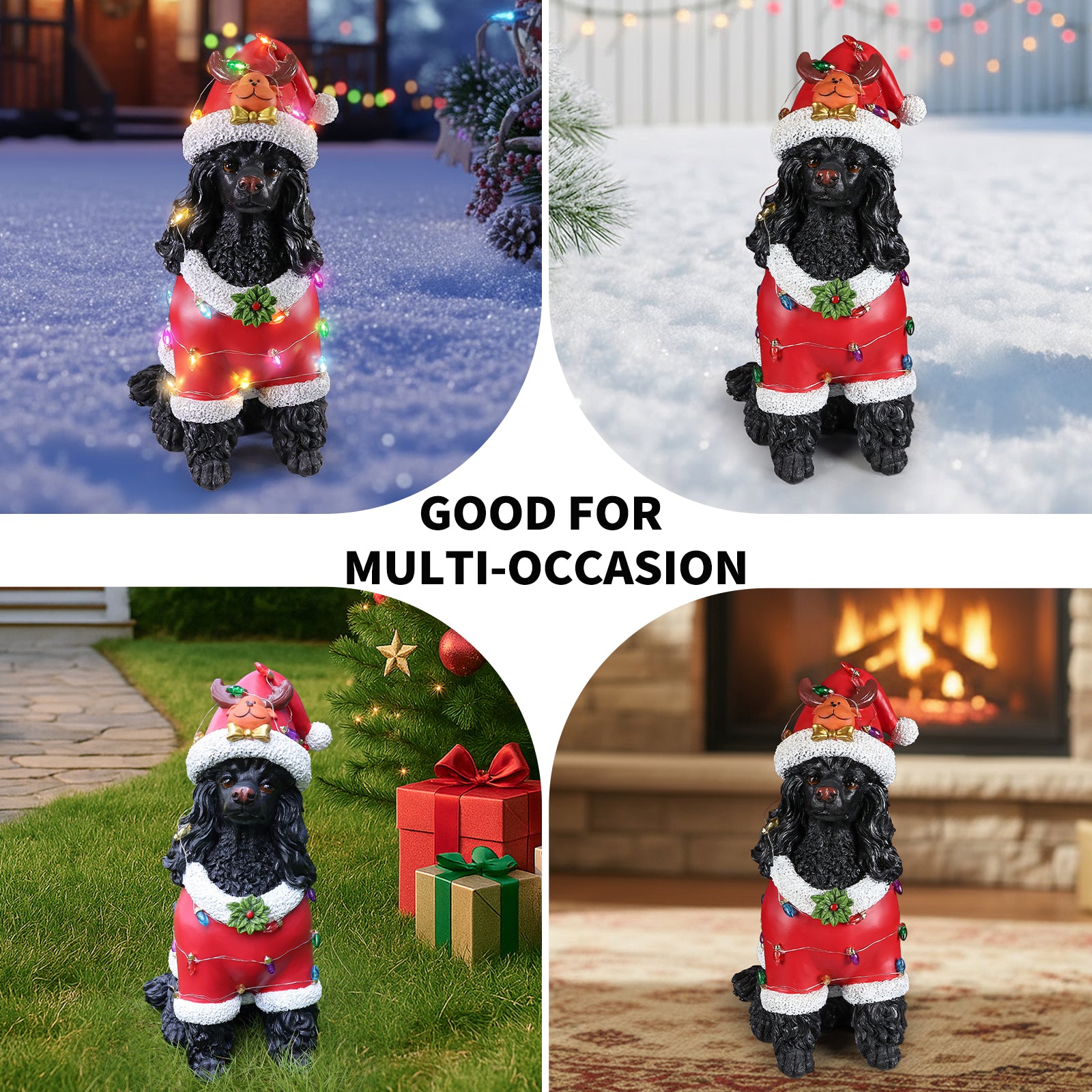 Four photo collage of the Black poodle in the red Santa coat styled in different holiday spots, indoors and out