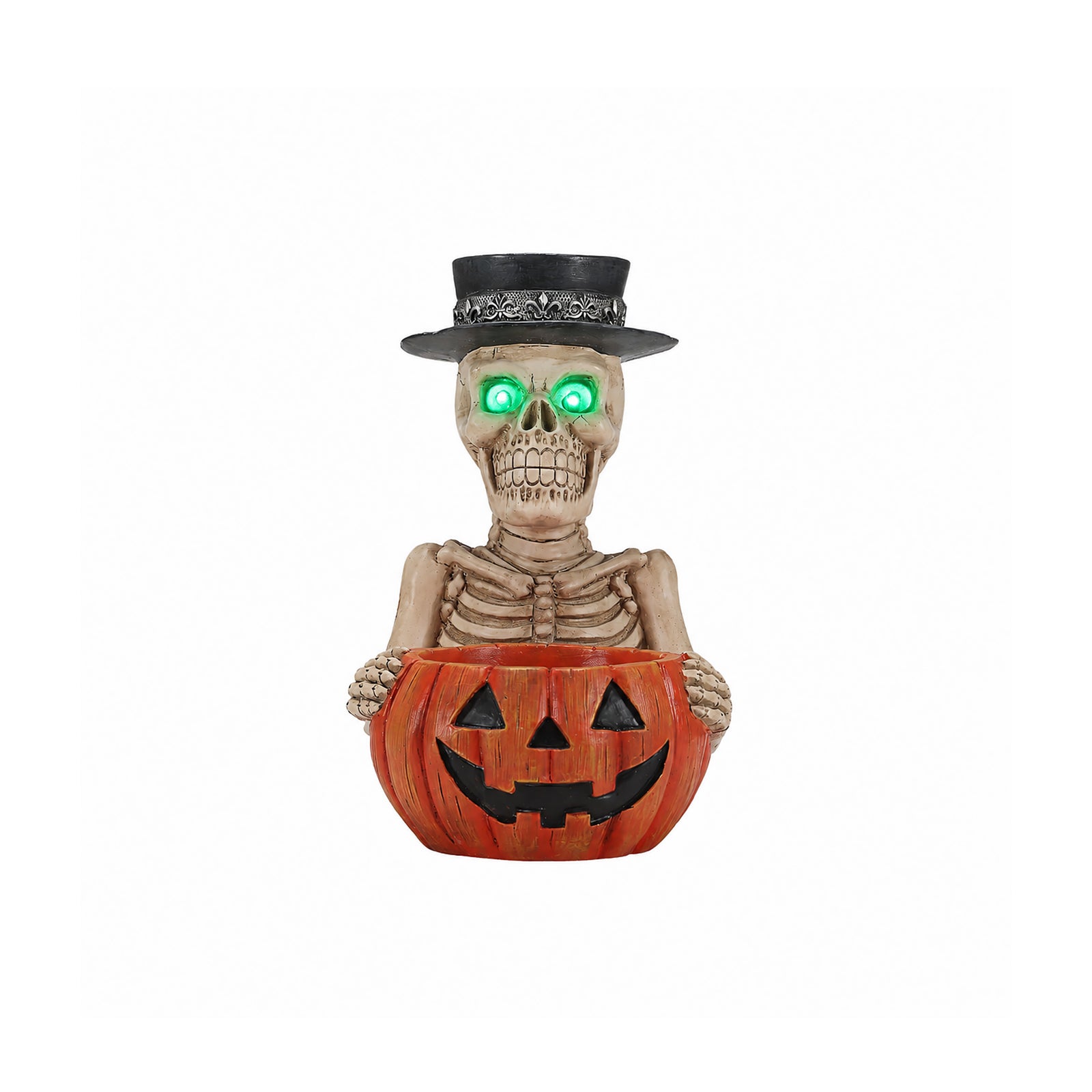 Skeleton pumpkin bowl Halloween statue on a plain background, front view, with glowing green eyes