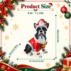 Size diagram of the French bulldog Christmas statue with height, width and depth measured in inches and its weight in pounds