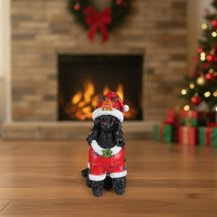The Black poodle in the red Santa coat sitting on the floor in front of a lit fireplace