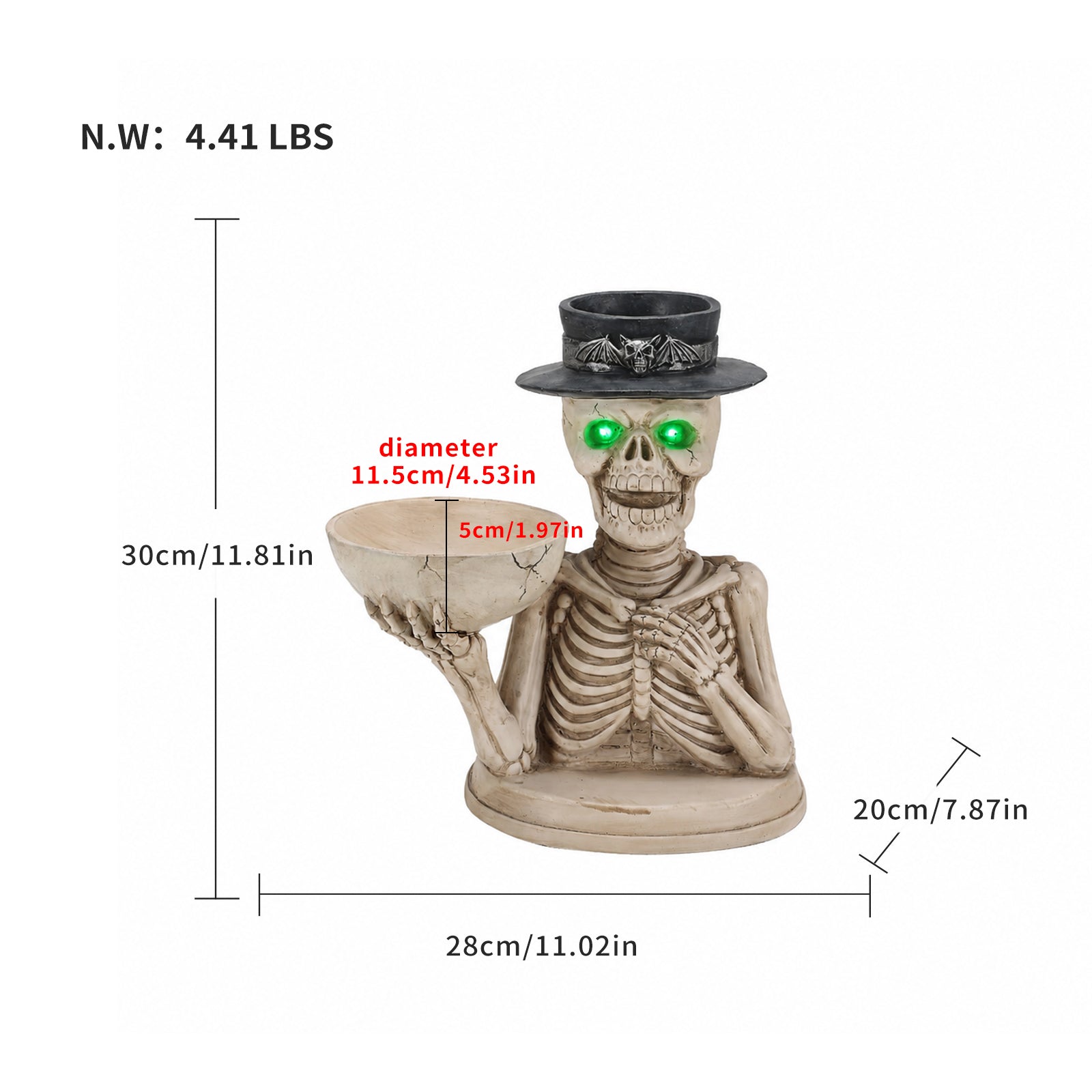 Size diagram of the skeleton candle holder and candy bowl with its height, width and depth measured in inches and its weight in pounds