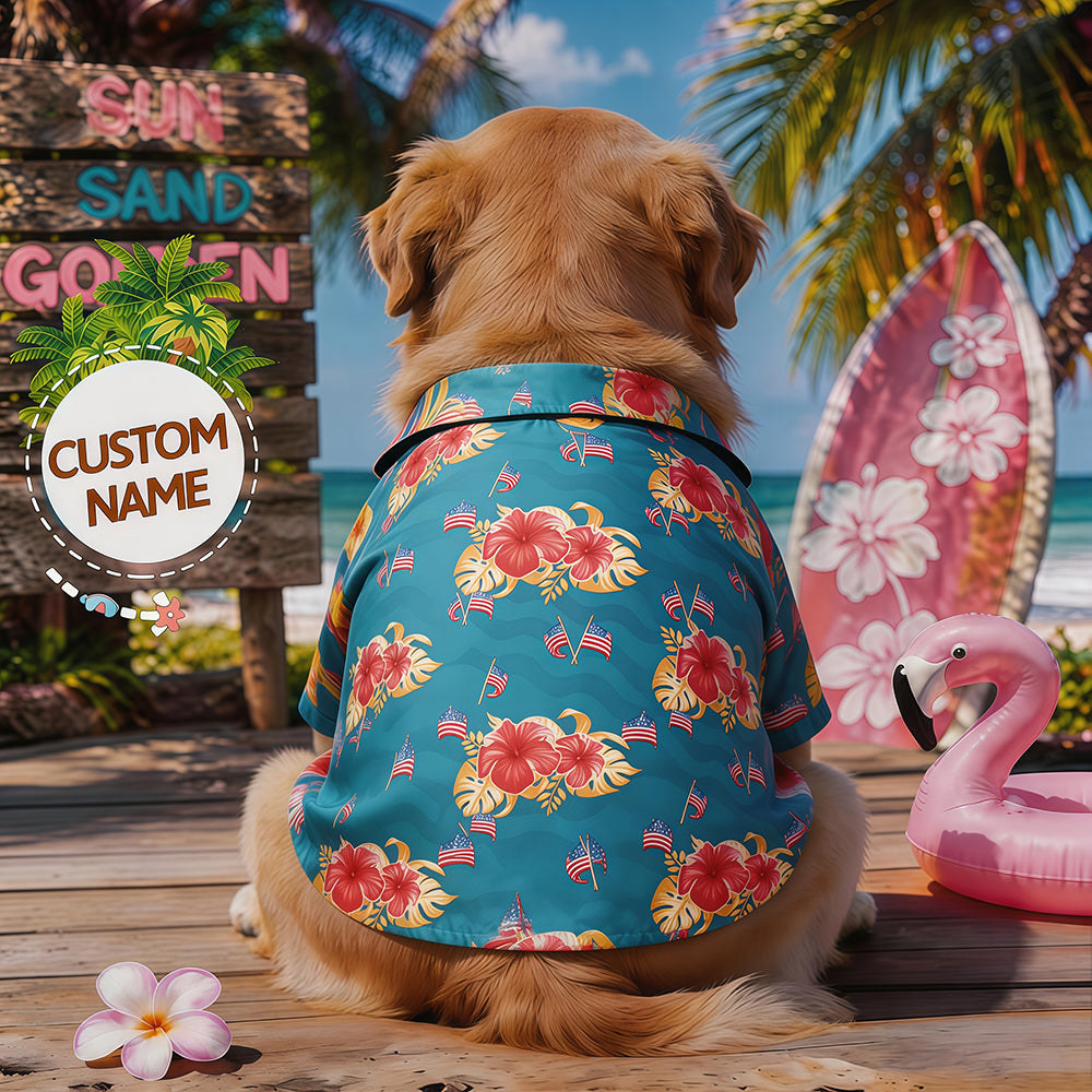 Personalized Custom Name Tropical Dog Shirt, Teal Hibiscus Palm American Flag Print Pet Hawaiian Summer Beach Shirt