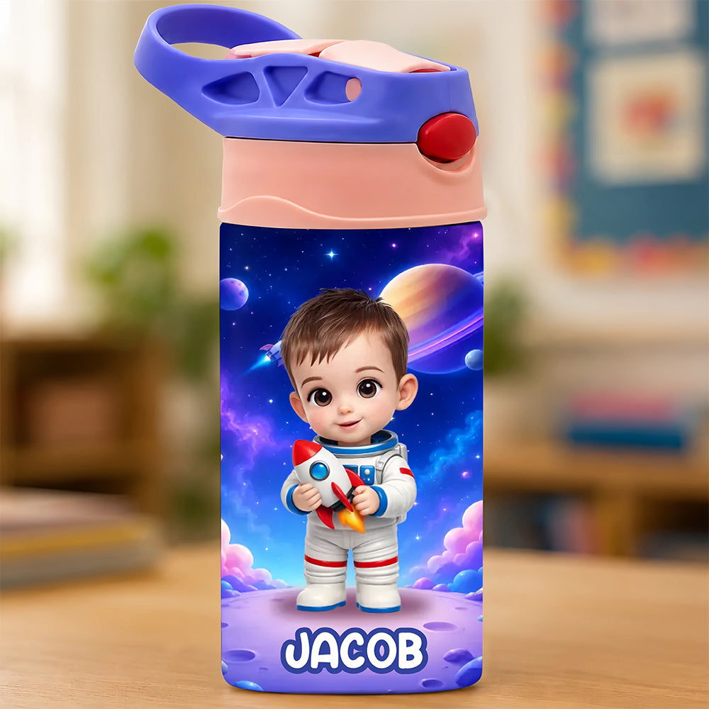 Custom Photo Kids Insulated Water Bottle - Personalized Back To School Gifts For Kids - Ready To Explore Space